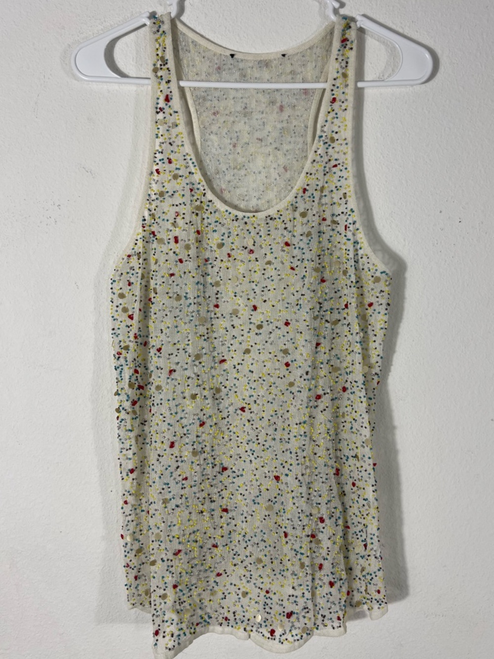 Sam Edelman Beaded Mesh Tank Top White Multicolor Sequin Racerback